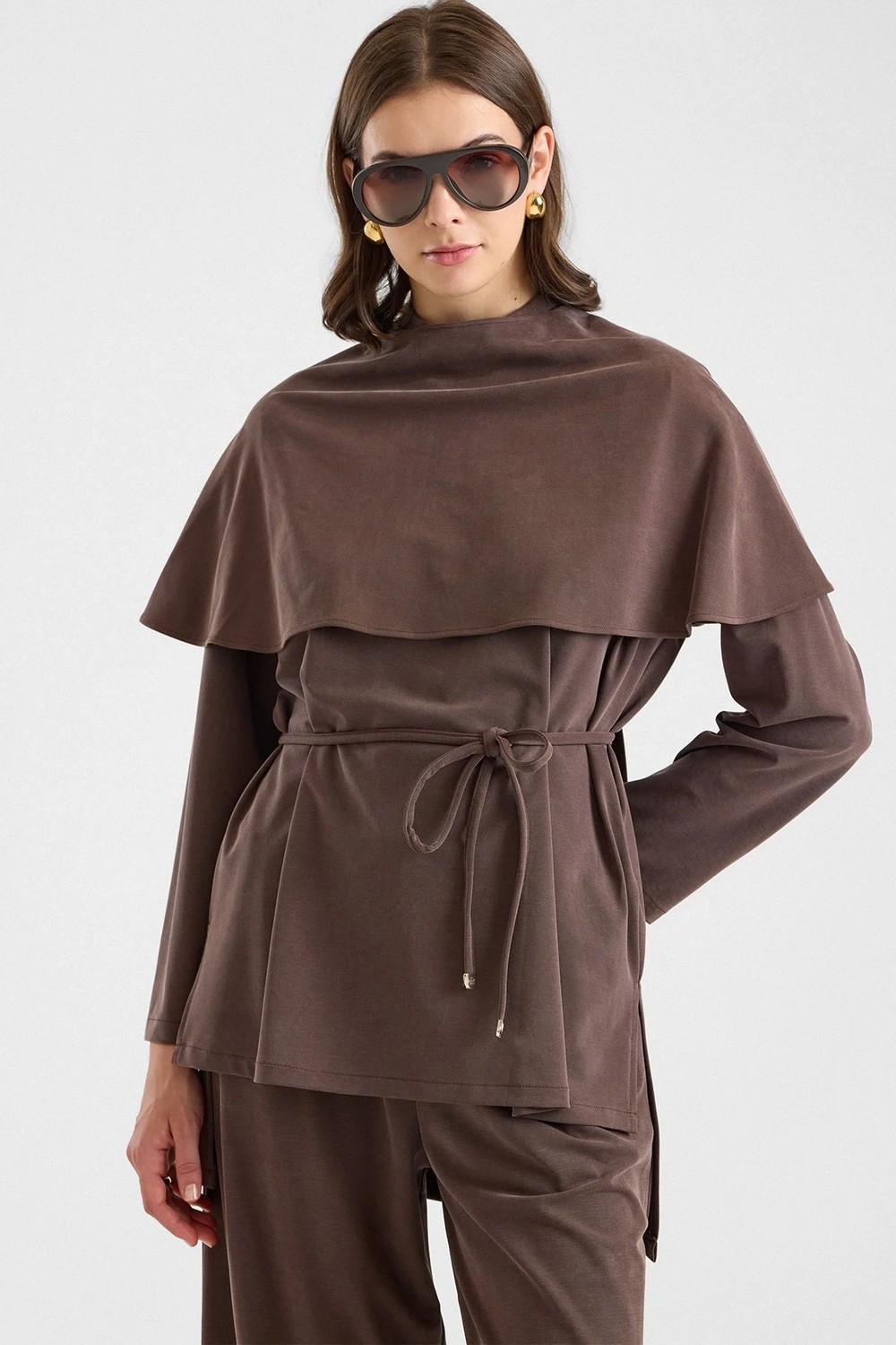 Olcay Şal Aksesuarlı Premium Kumaş Tunik Pantolon Kahve 9470-TK görsel 2