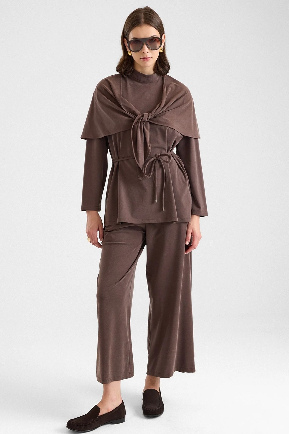 Olcay Şal Aksesuarlı Premium Kumaş Tunik Pantolon Kahve 9470-TK görsel 3