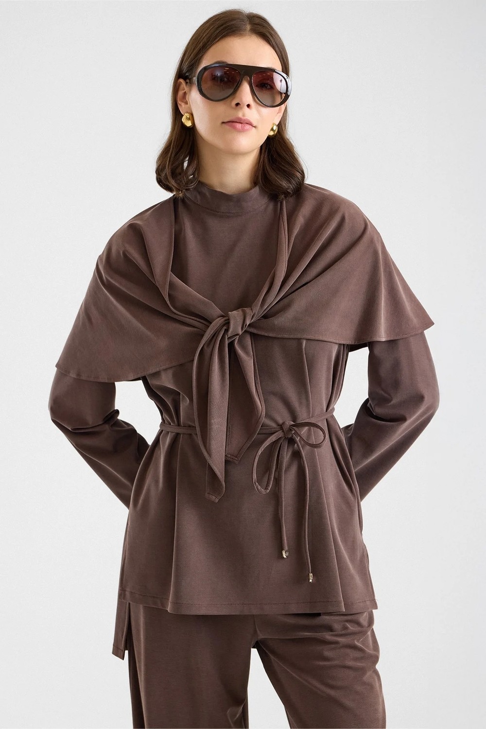 Olcay Şal Aksesuarlı Premium Kumaş Tunik Pantolon Kahve 9470-TK görsel 4