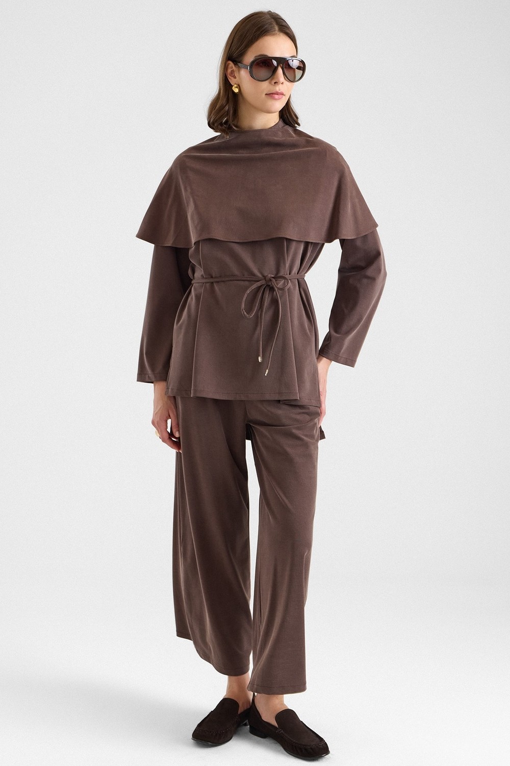 Olcay Şal Aksesuarlı Premium Kumaş Tunik Pantolon Kahve 9470-TK görsel 5