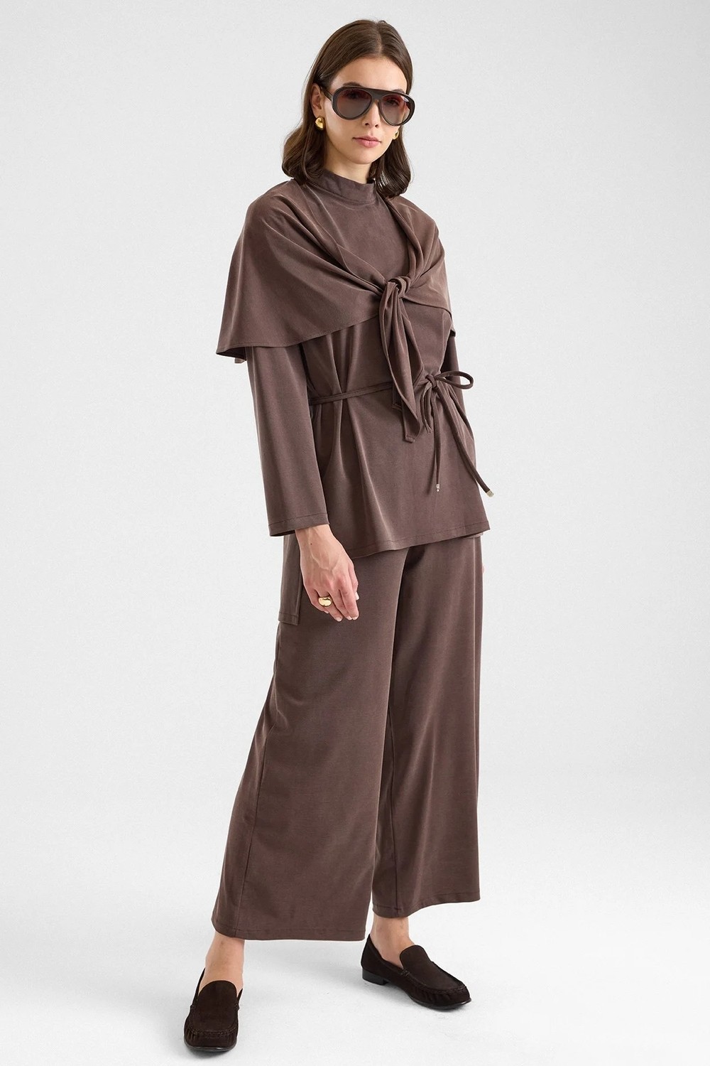 Olcay Şal Aksesuarlı Premium Kumaş Tunik Pantolon Kahve 9470-TK görsel 6