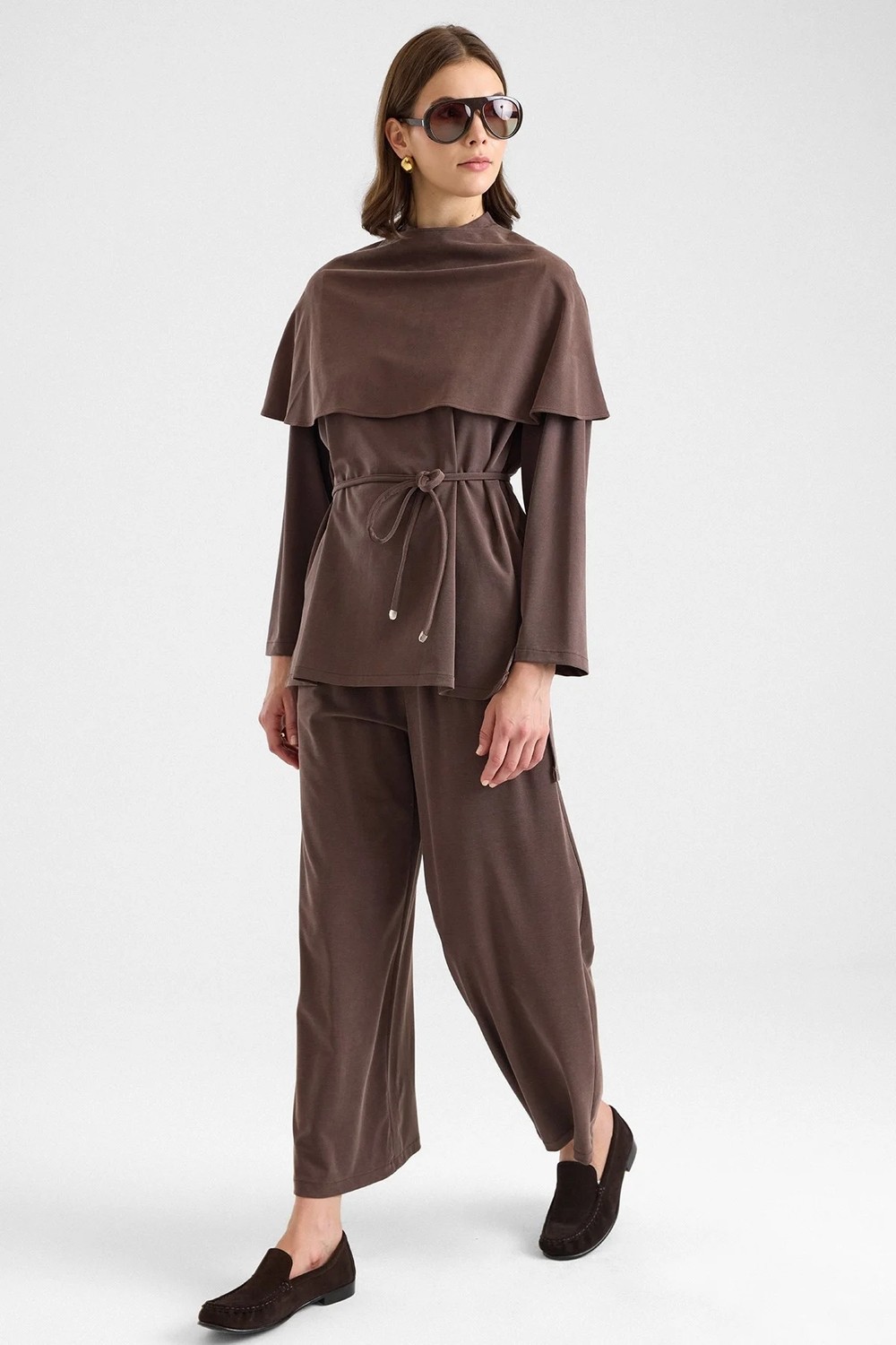 Olcay Şal Aksesuarlı Premium Kumaş Tunik Pantolon Kahve 9470-TK görsel 7