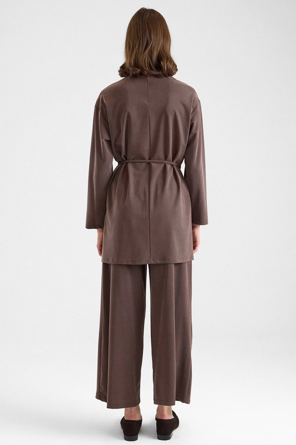 Olcay Şal Aksesuarlı Premium Kumaş Tunik Pantolon Kahve 9470-TK görsel 8