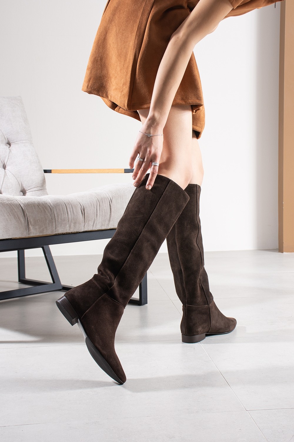Duxal Shoes May Kadın Acıkahve Hakiki Deri Süet Fermuarsız Diz Altı Çizme görsel 8