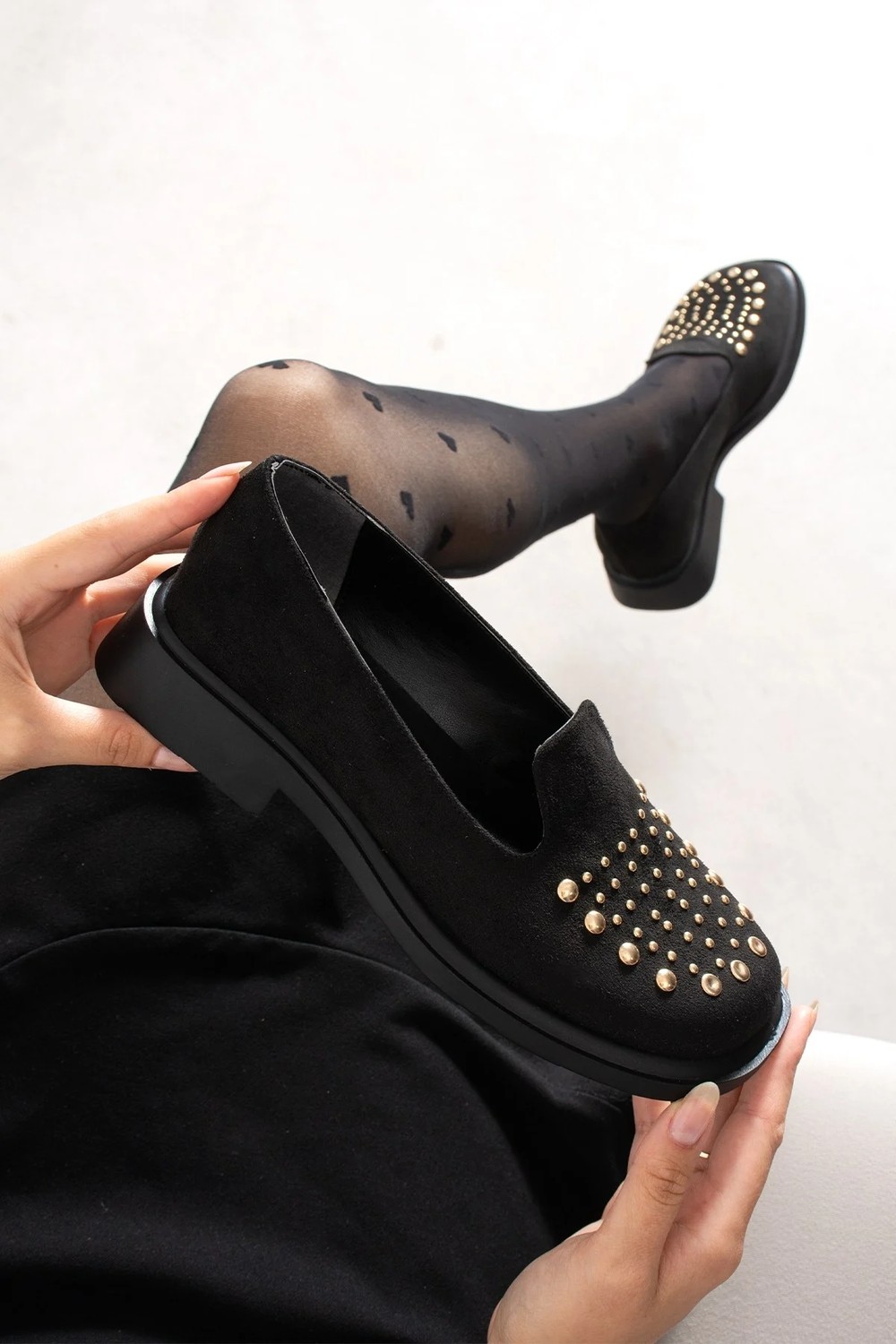 Dabab Shoes Monıca Kadın Acı Kahve Süet Taşlı Zımbalı Yuvarlak Burun 2 cm Kalın Taban Loafer Ayakkabı görsel 5