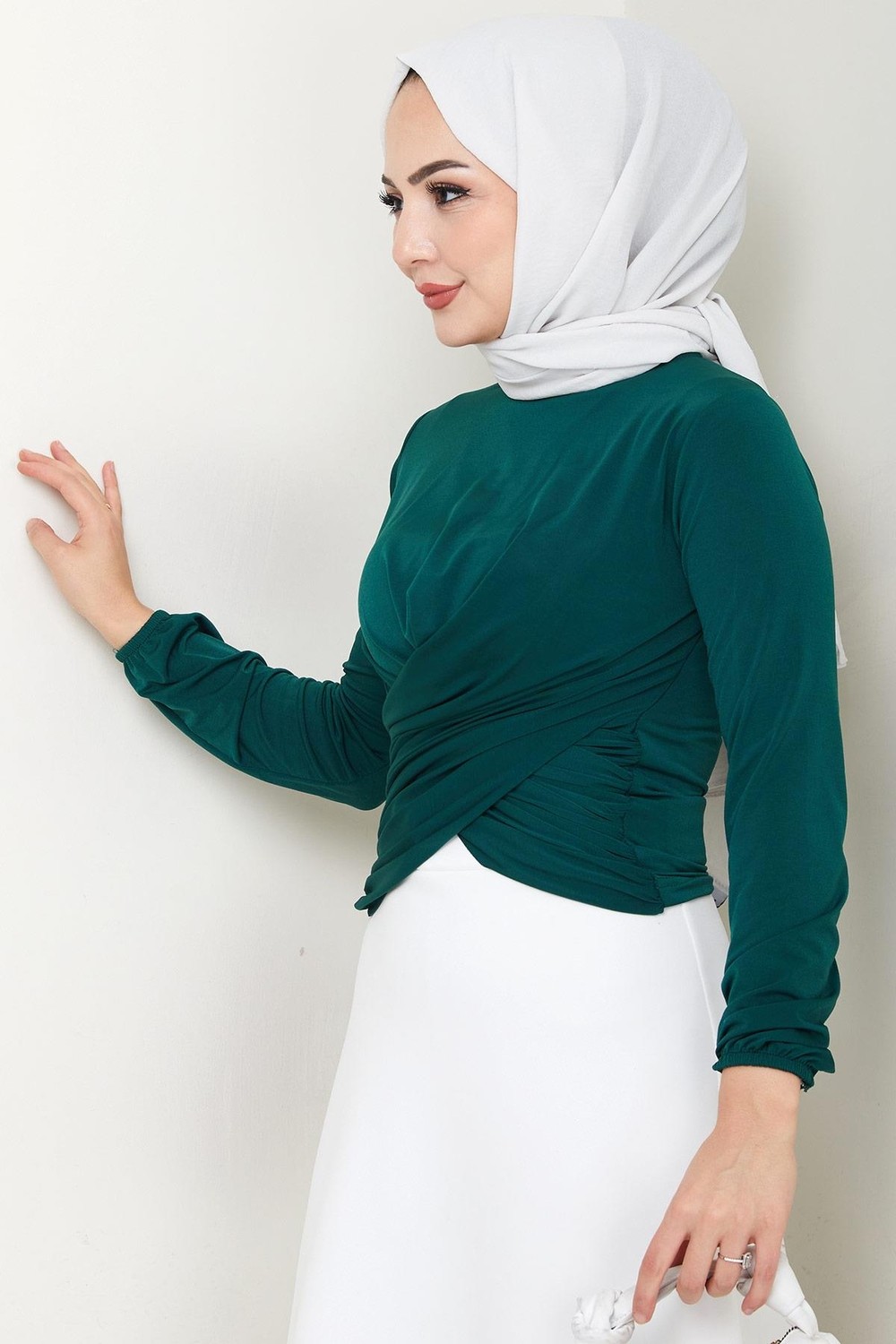Hafsa Mina Bisiklet Yaka Büzgülü Sandy Bluz Zümrüt HM2765 görsel 7
