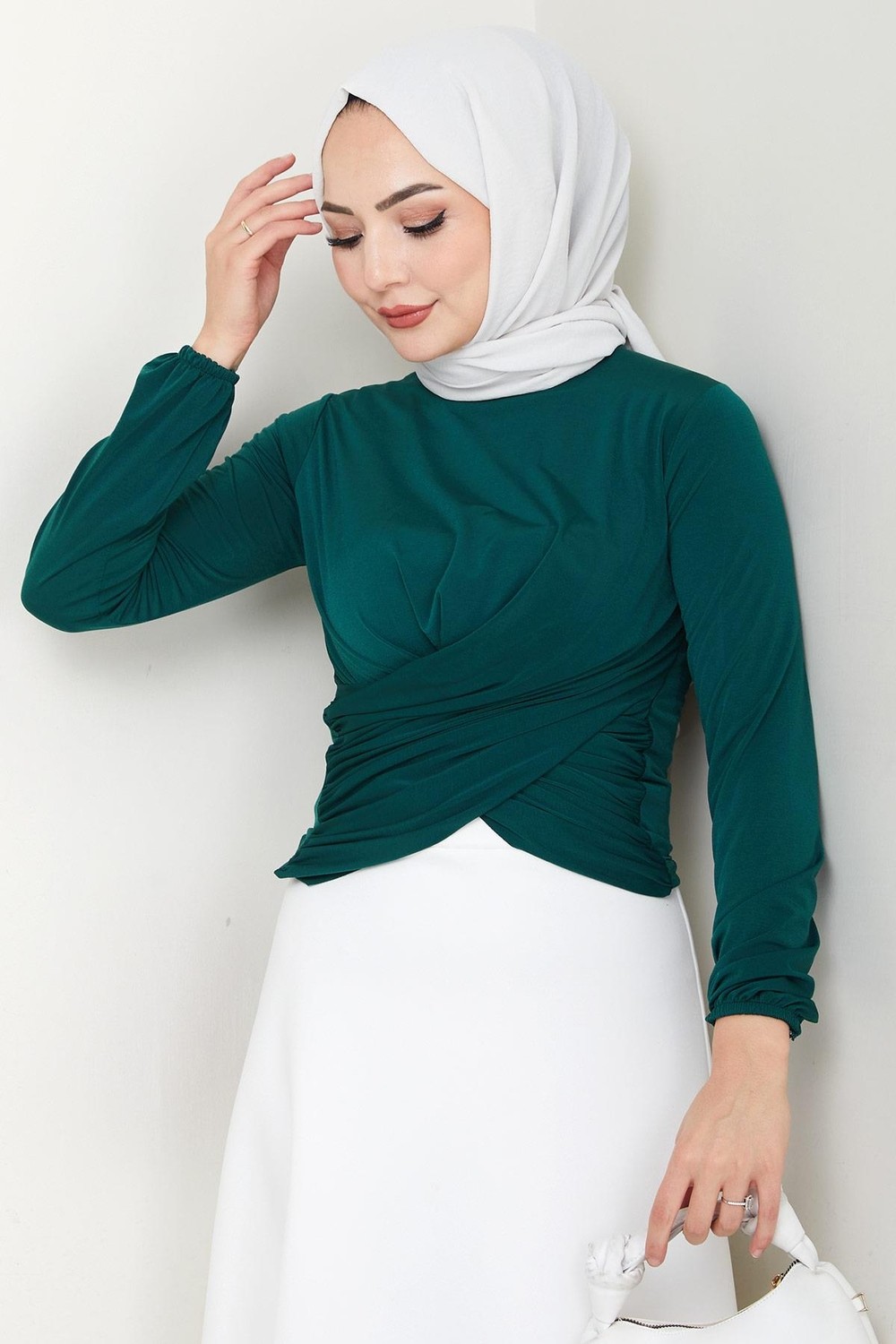 Hafsa Mina Bisiklet Yaka Büzgülü Sandy Bluz Zümrüt HM2765 görsel 8