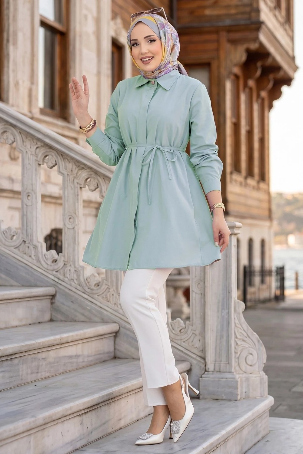 Hafsa Mina Bağlamalı Cepli Tunik Mint HM2911