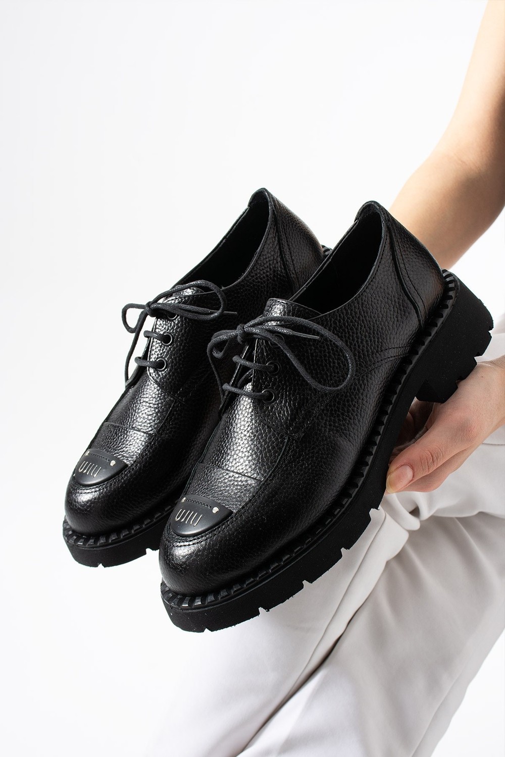 Dabab Shoes Ravenna Kadın Siyah Hakiki Deri Bağcıklı Kalın Tabanlı Metal Burun Detaylı Oxford Ayakkabı görsel 2