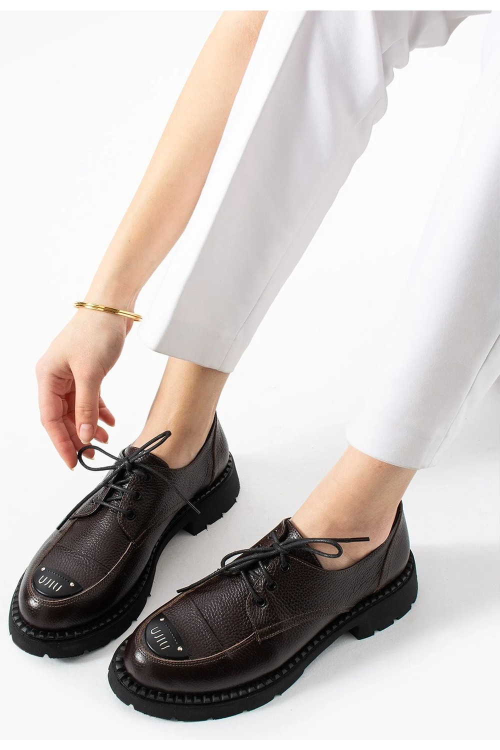 Dabab Shoes Ravenna Kadın Siyah Hakiki Deri Bağcıklı Kalın Tabanlı Metal Burun Detaylı Oxford Ayakkabı görsel 6