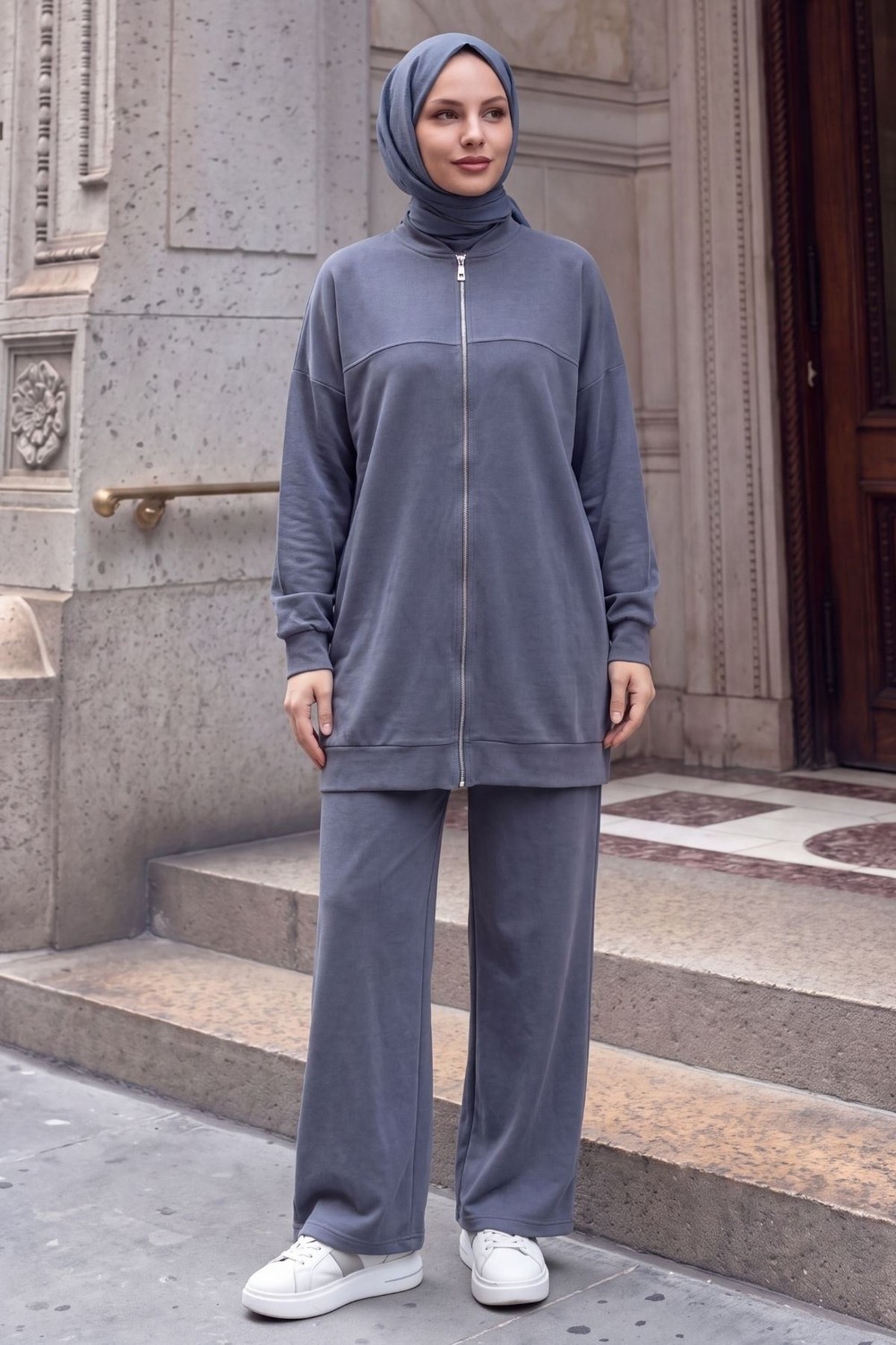 Modestim Kadın Tesettür Modal Pike Kumaş Salaş Takım Fermuarlı Sweat Pantolon Antrasit Tesettür Takım