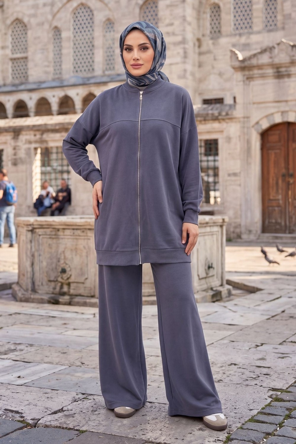 Modestim Kadın Tesettür Modal Pike Kumaş Salaş Takım Fermuarlı Sweat Pantolon Antrasit Tesettür Takım görsel 2
