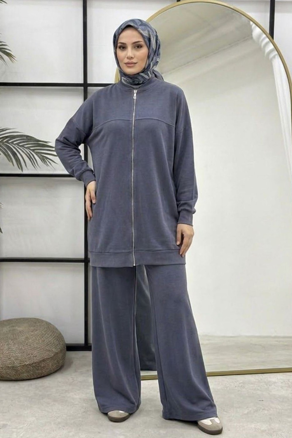 Modestim Kadın Tesettür Modal Pike Kumaş Salaş Takım Fermuarlı Sweat Pantolon Antrasit Tesettür Takım görsel 4