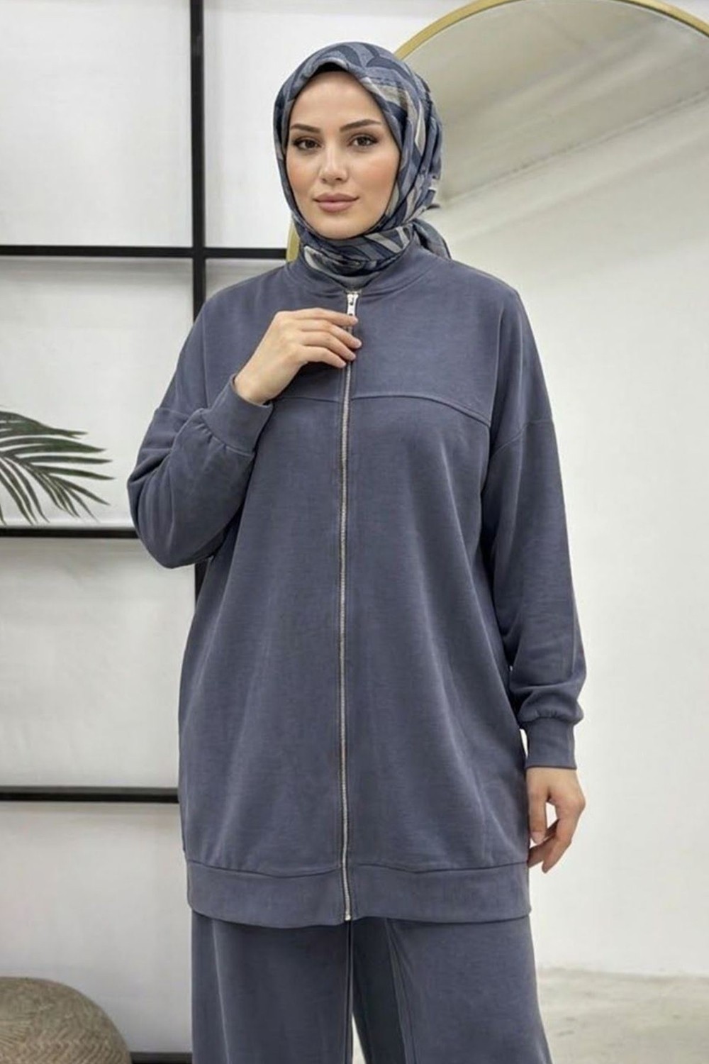 Modestim Kadın Tesettür Modal Pike Kumaş Salaş Takım Fermuarlı Sweat Pantolon Antrasit Tesettür Takım görsel 5