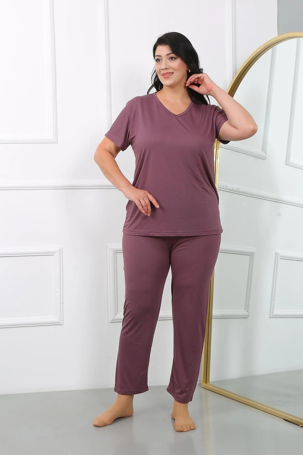 Melonika Kadın Büyük Beden Kısa Kol Penye Pijama Takımı Mürdüm Çmş