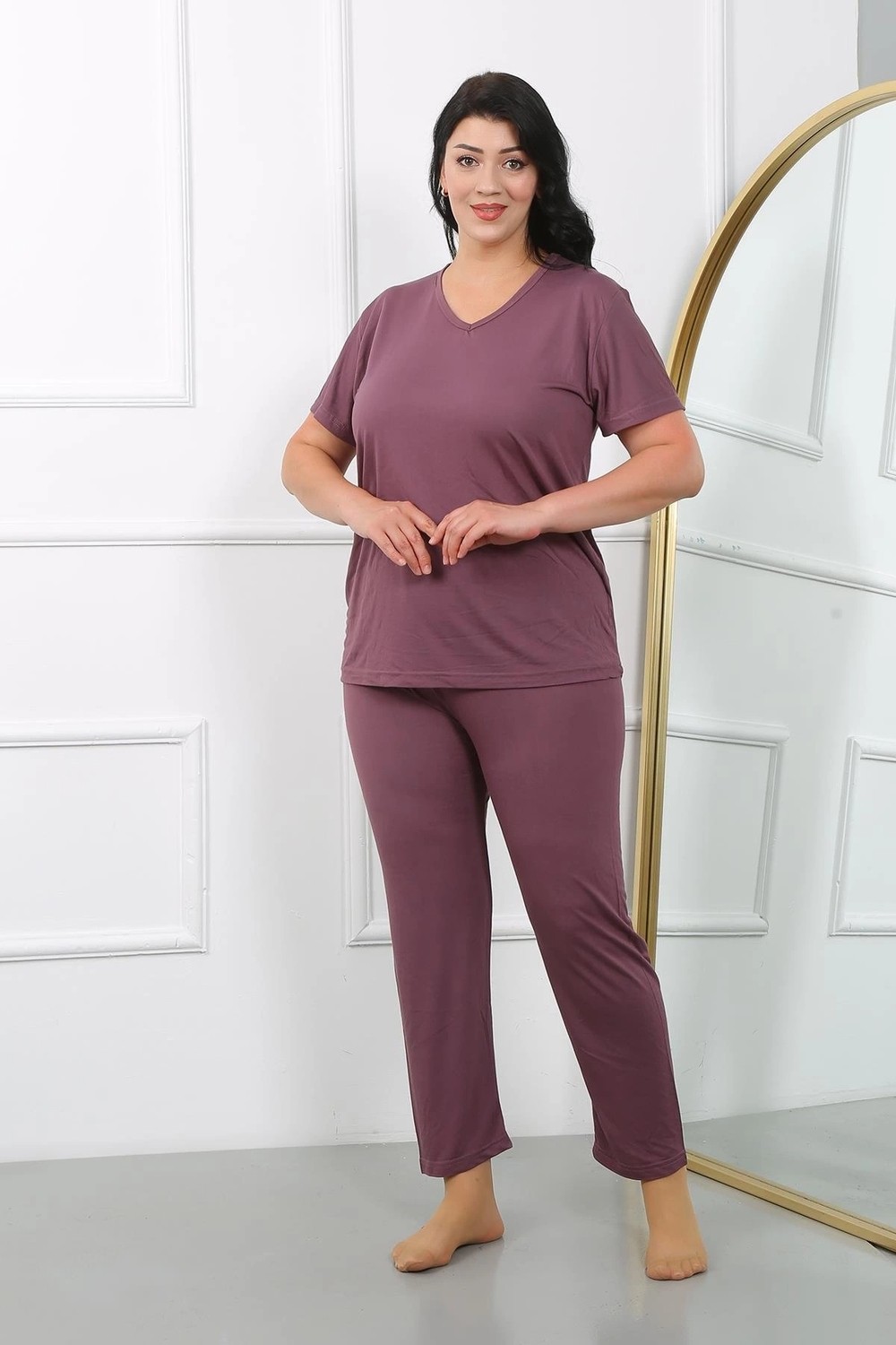 Melonika Kadın Büyük Beden Kısa Kol Penye Pijama Takımı Mürdüm Çmş görsel 2