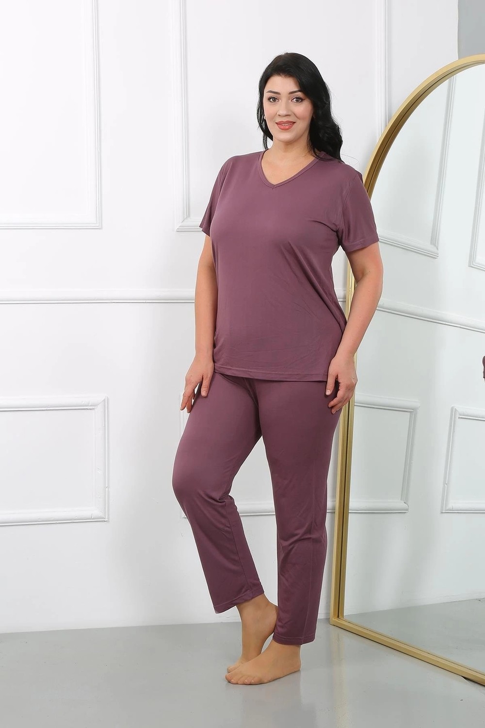 Melonika Kadın Büyük Beden Kısa Kol Penye Pijama Takımı Mürdüm Çmş görsel 3