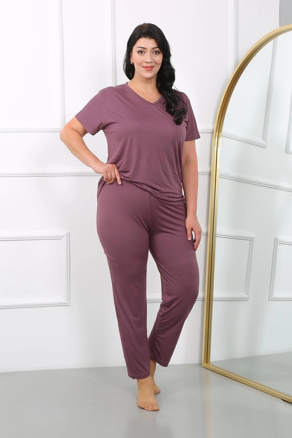 Melonika Kadın Büyük Beden Kısa Kol Penye Pijama Takımı Mürdüm Çmş görsel 4