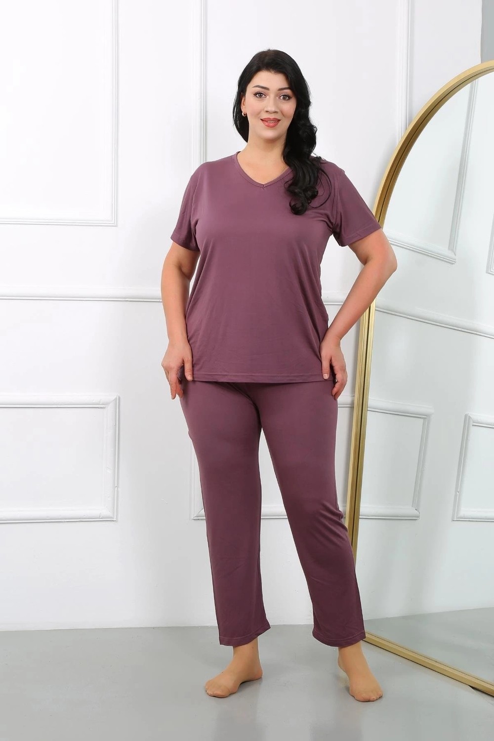Melonika Kadın Büyük Beden Kısa Kol Penye Pijama Takımı Mürdüm Çmş görsel 5