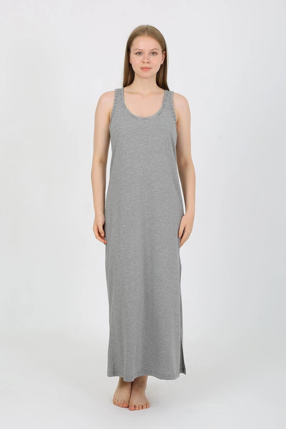 Melonika Kadın Kalın Askılı Yırtmaçlı Uzun Gri Gecelik Çmş görsel 2