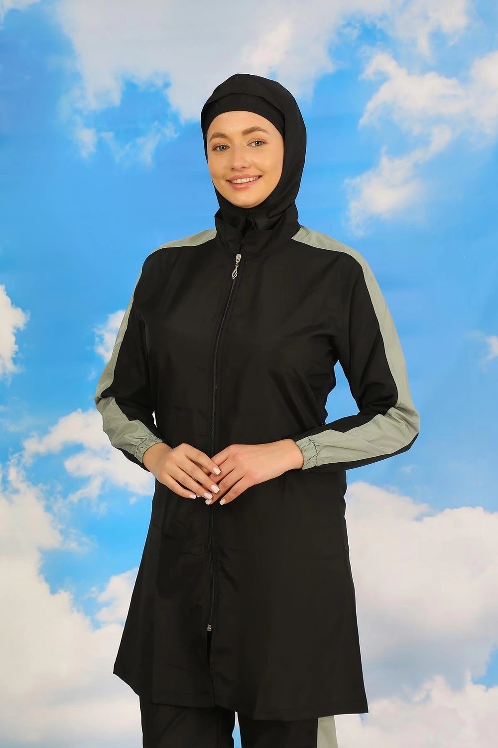 Melonika Kadın Pantolonlu Kolu Şeritli Tam Tesettür Mayo Siyah Çmş görsel 2