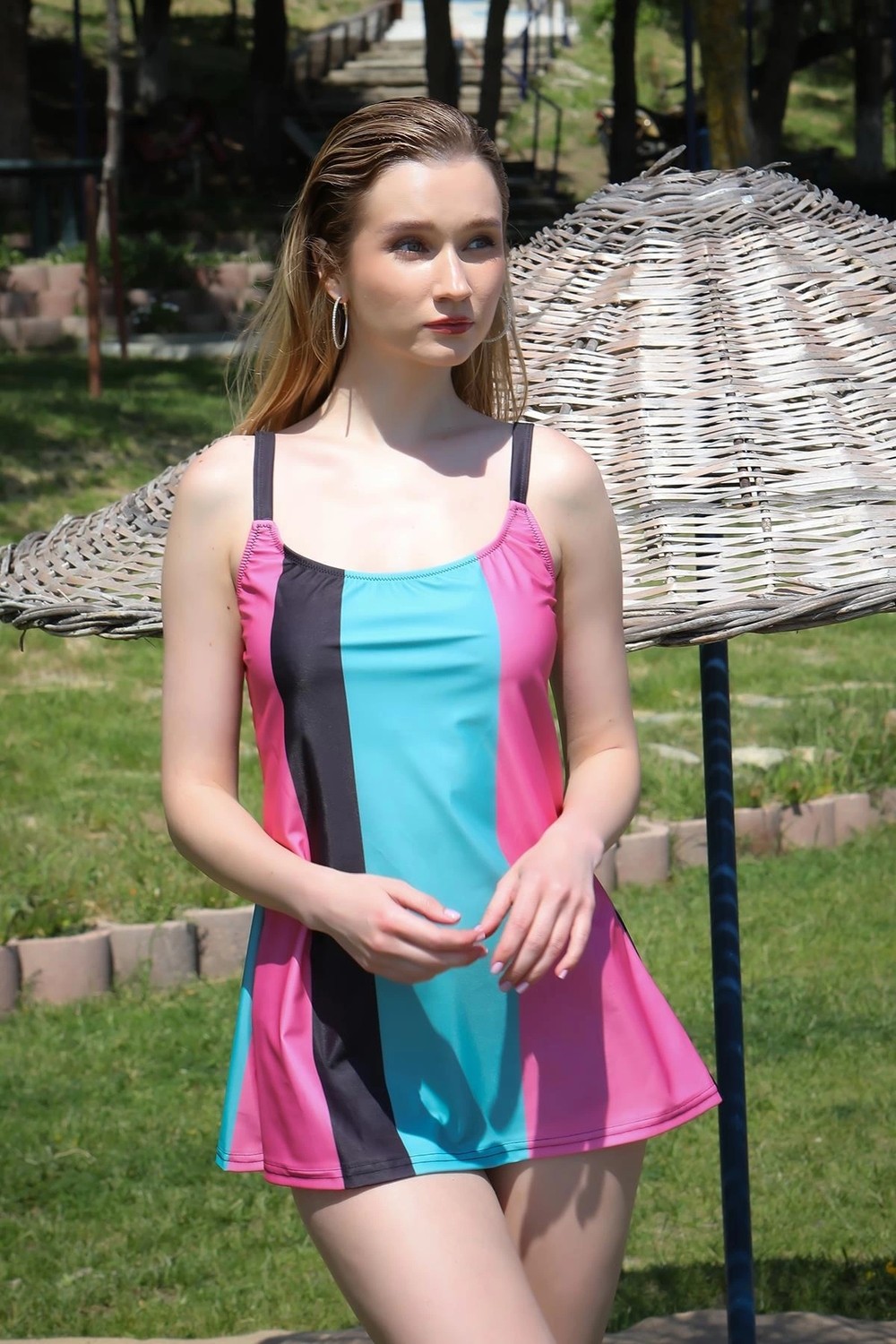 Melonika Kadın Şortlu Tankini Elbise Mayo Pembe Çmş görsel 3
