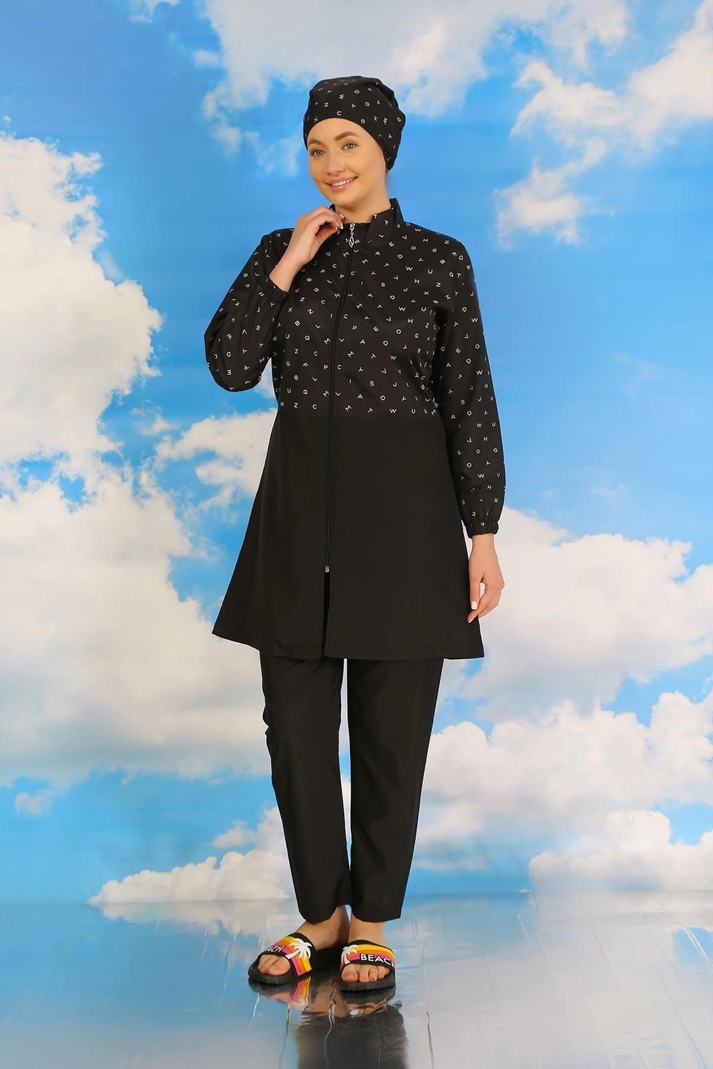 Melonika Kadın Pantolonlu Desenli Tam Tesettür Mayo Siyah Çmş görsel 4