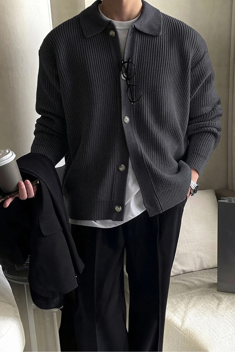 Serablanka Erkek Polo Yaka Oversize Triko Hırka Siyah görsel 3