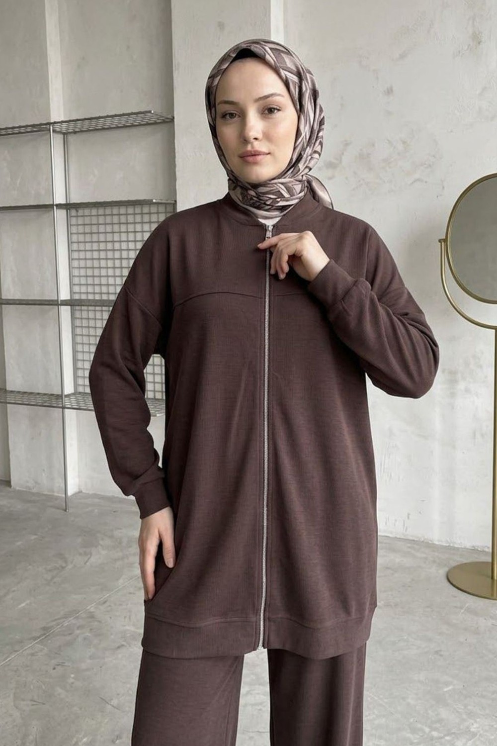 Modestim Kadın Tesettür Modal Pike Kumaş Salaş Takım Fermuarlı Sweat Pantolon Antrasit Tesettür Takım