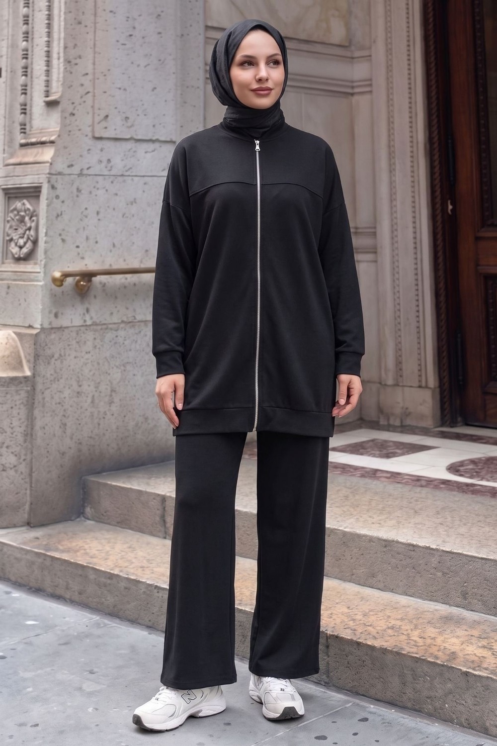 Modestim Kadın Tesettür Modal Pike Kumaş Salaş Takım Fermuarlı Sweat Pantolon Antrasit Tesettür Takım görsel 6
