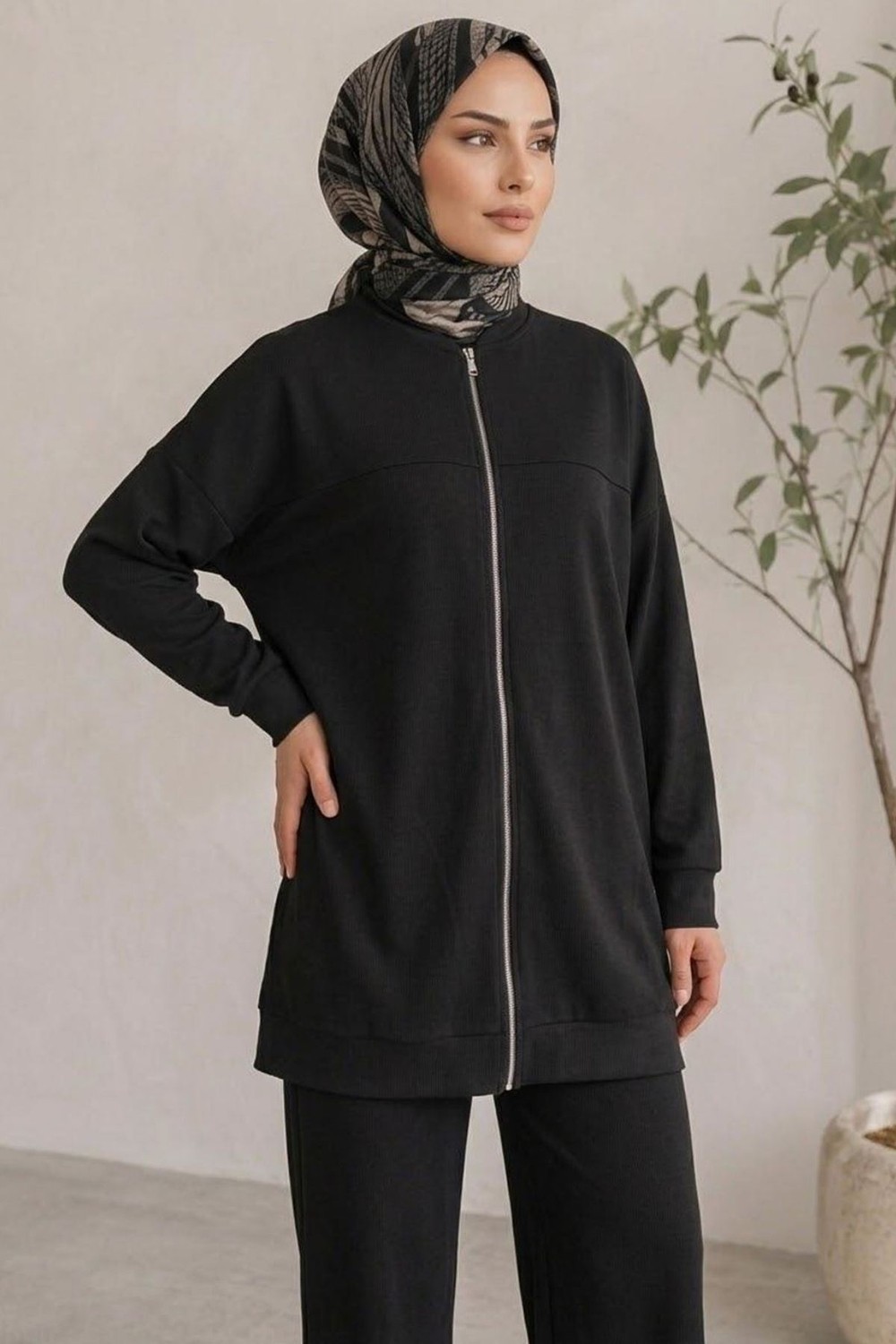 Modestim Kadın Tesettür Modal Pike Kumaş Salaş Takım Fermuarlı Sweat Pantolon Antrasit Tesettür Takım görsel 7