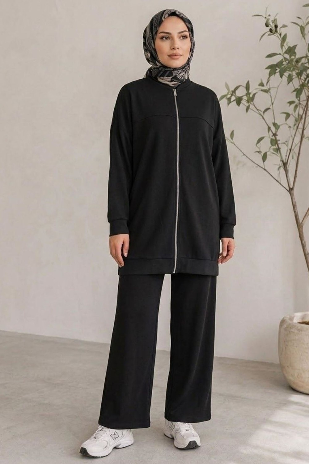 Modestim Kadın Tesettür Modal Pike Kumaş Salaş Takım Fermuarlı Sweat Pantolon Antrasit Tesettür Takım görsel 8