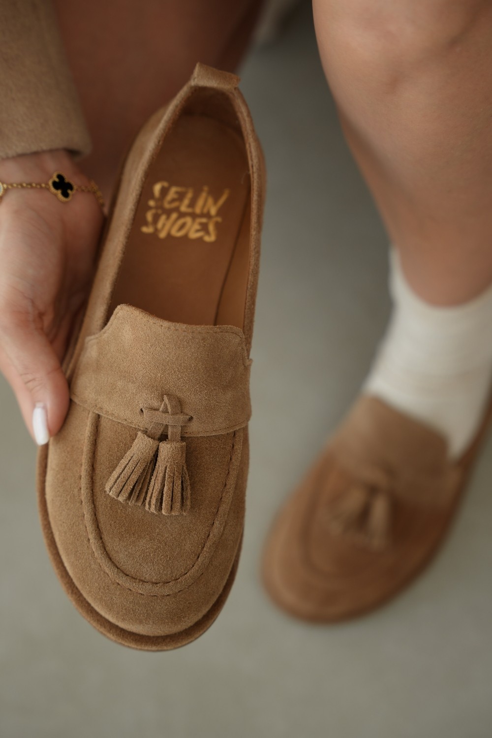 Selin Shoes Belluno Hakiki Deri Püsküllü Kadın Loafer- Vizon Süet görsel 2