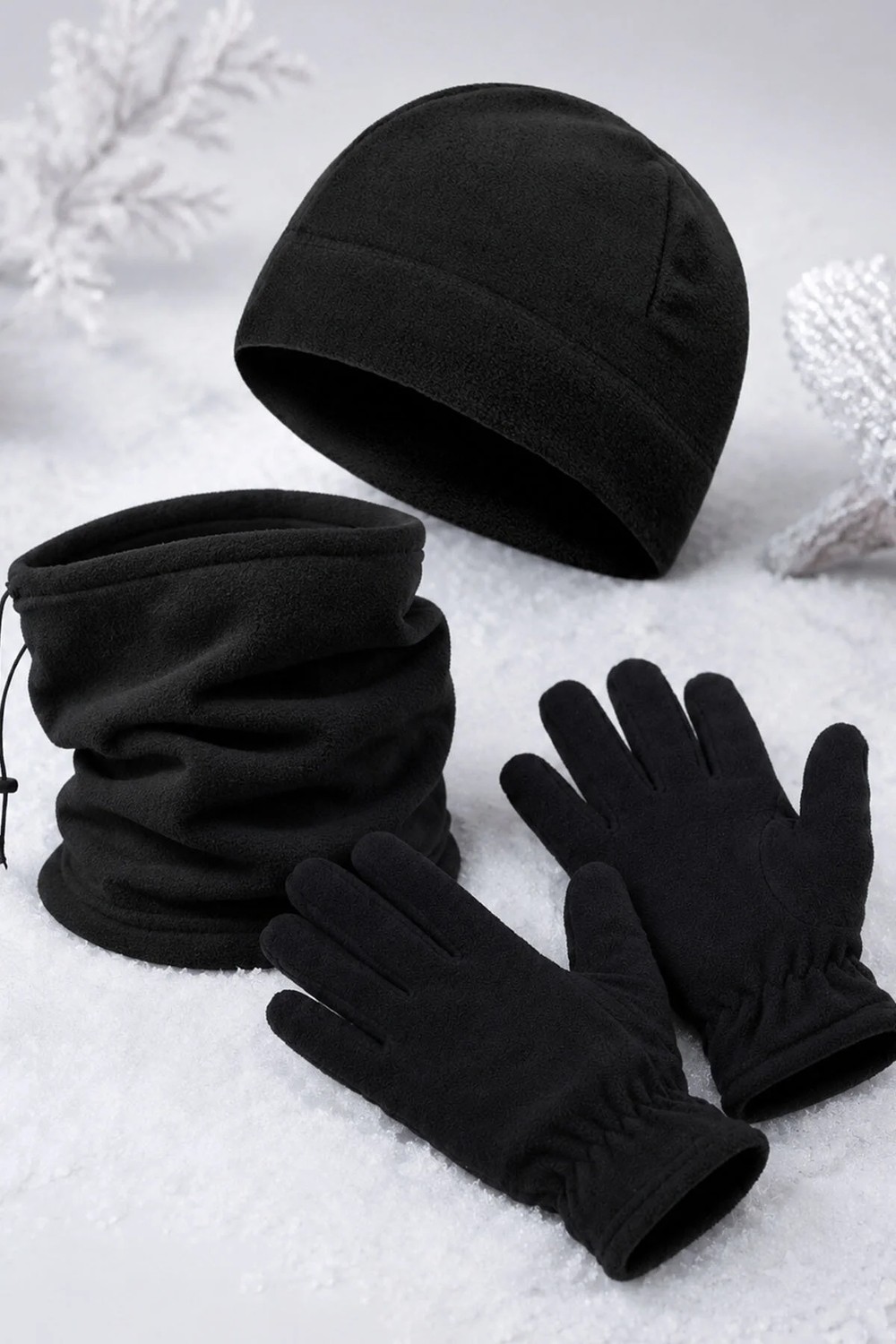 Ritagarcia Unisex Siyah Polar 3'lü Kışlık Set - Ayarlanabilir Boyunluk Bere ve Eldiven Takımı