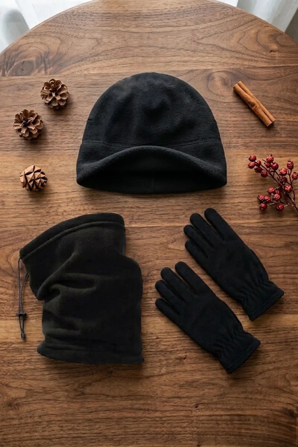 Ritagarcia Unisex Siyah Polar 3'lü Kışlık Set - Ayarlanabilir Boyunluk Bere ve Eldiven Takımı görsel 3