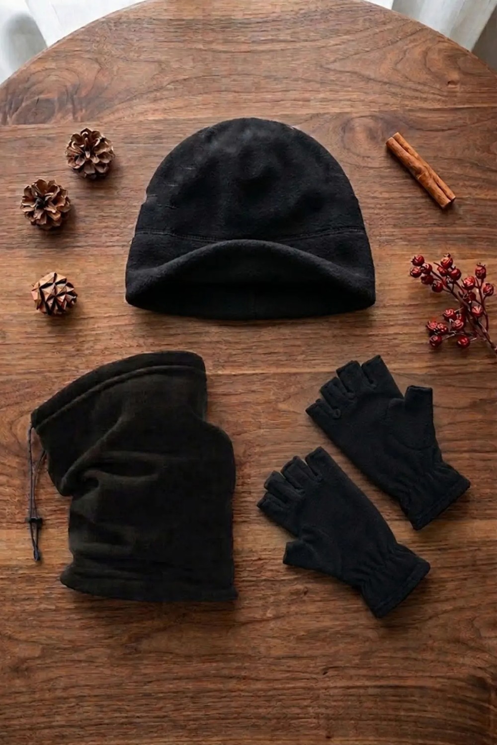 Ritagarcia Unisex Siyah Polar 3'lü Kışlık Set - Ayarlanabilir Boyunluk Bere ve Eldiven Takımı görsel 7