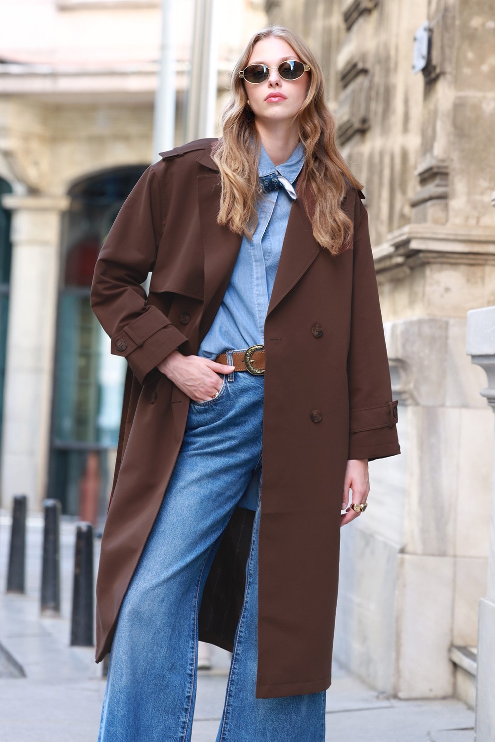Zühre Çift Sıra Düğmeli Oversize Siyah Trençkot 14238 görsel 2