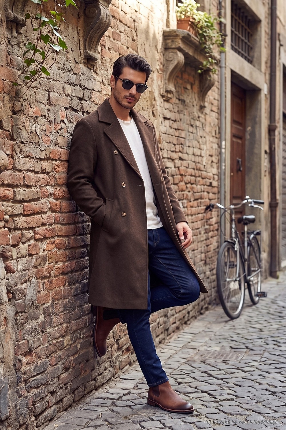 Buratti Loose Fit Uzun Astarlı Kruvaze Yaka Akrilik Kaban Erkek Düz Siyah Kalın Model