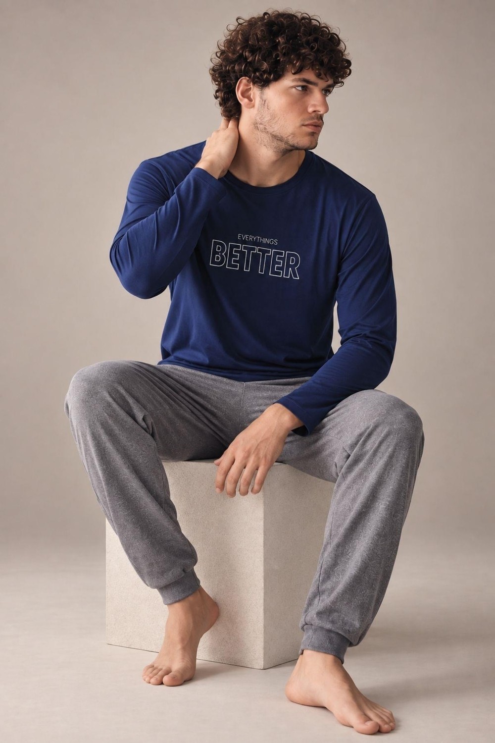 GD Goldoremi Erkek Everythings Better Orta Kalın Regular Manşetli Uzun Kollu Pijama Takım