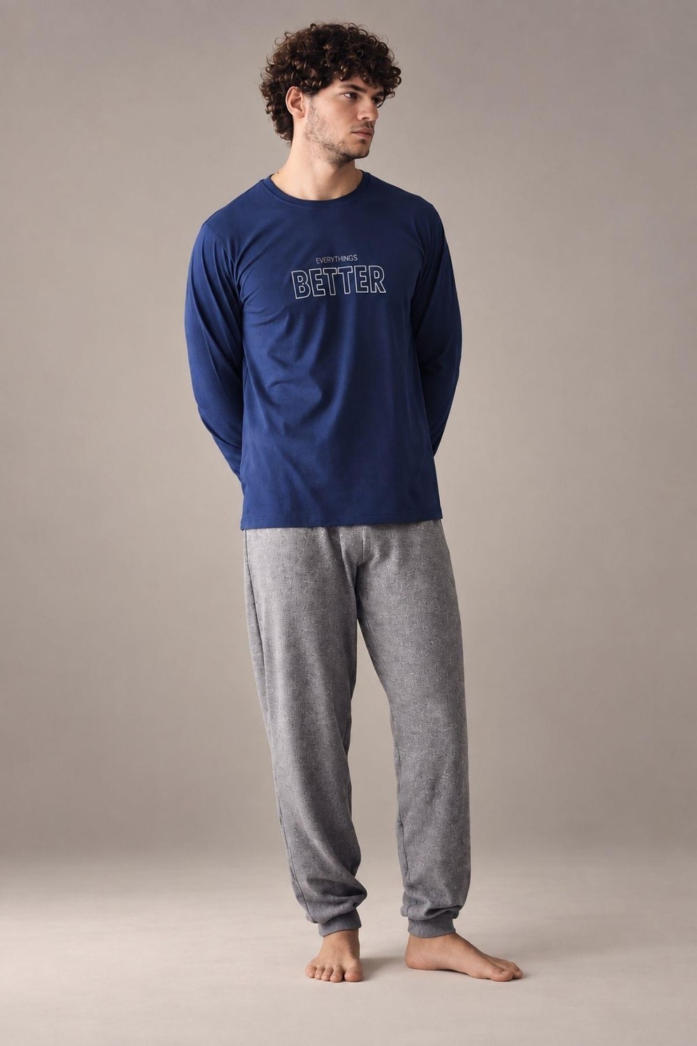GD Goldoremi Erkek Everythings Better Orta Kalın Regular Manşetli Uzun Kollu Pijama Takım görsel 3
