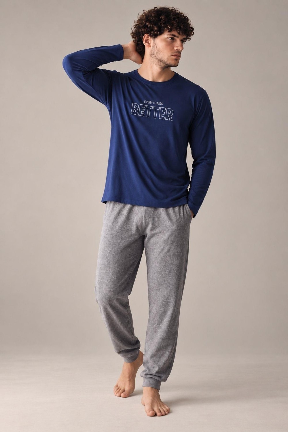 GD Goldoremi Erkek Everythings Better Orta Kalın Regular Manşetli Uzun Kollu Pijama Takım görsel 4