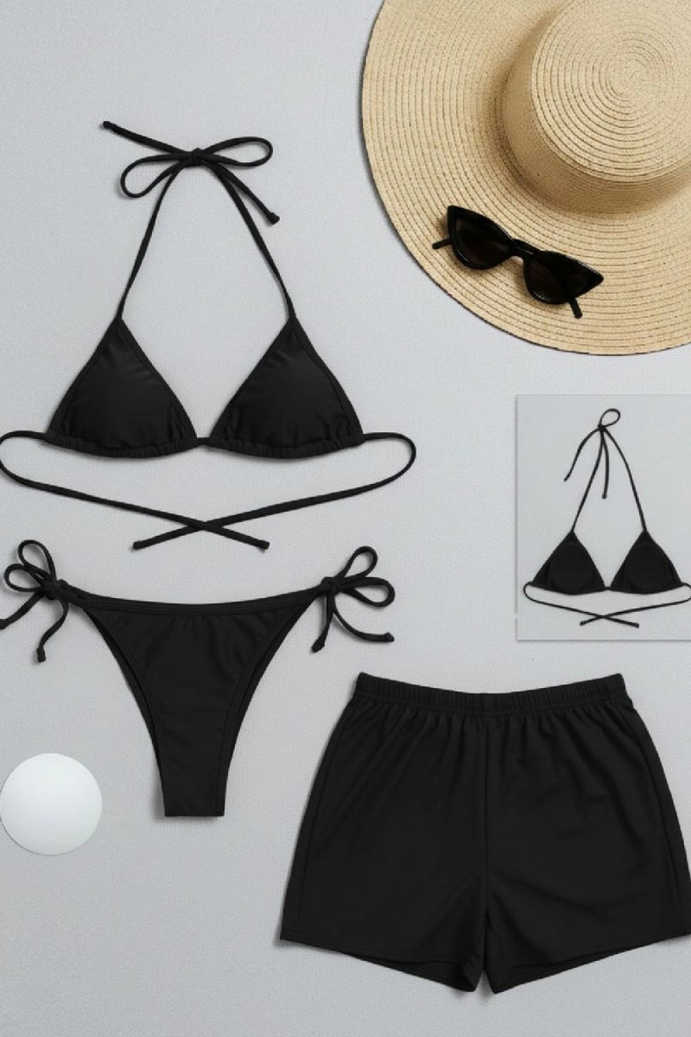 Marsilyan Kadın 3'lü Set Siyah Şortlu ve Yandan Bağlamalı Bikini Mayo Takımı