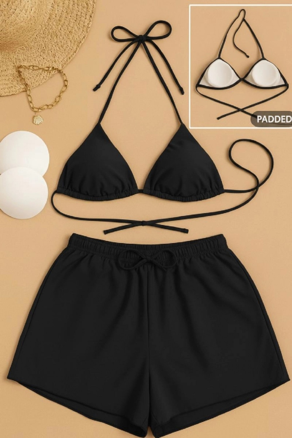 Marsilyan Kadın 3'lü Set Siyah Şortlu ve Yandan Bağlamalı Bikini Mayo Takımı görsel 2