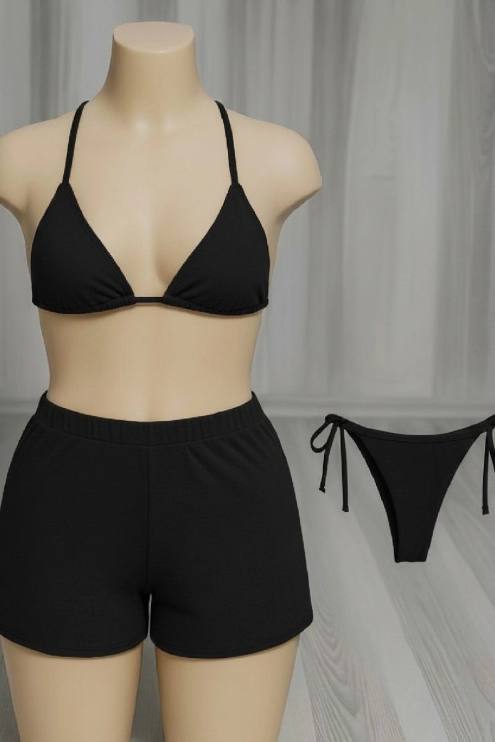 Marsilyan Kadın 3'lü Set Siyah Şortlu ve Yandan Bağlamalı Bikini Mayo Takımı görsel 3