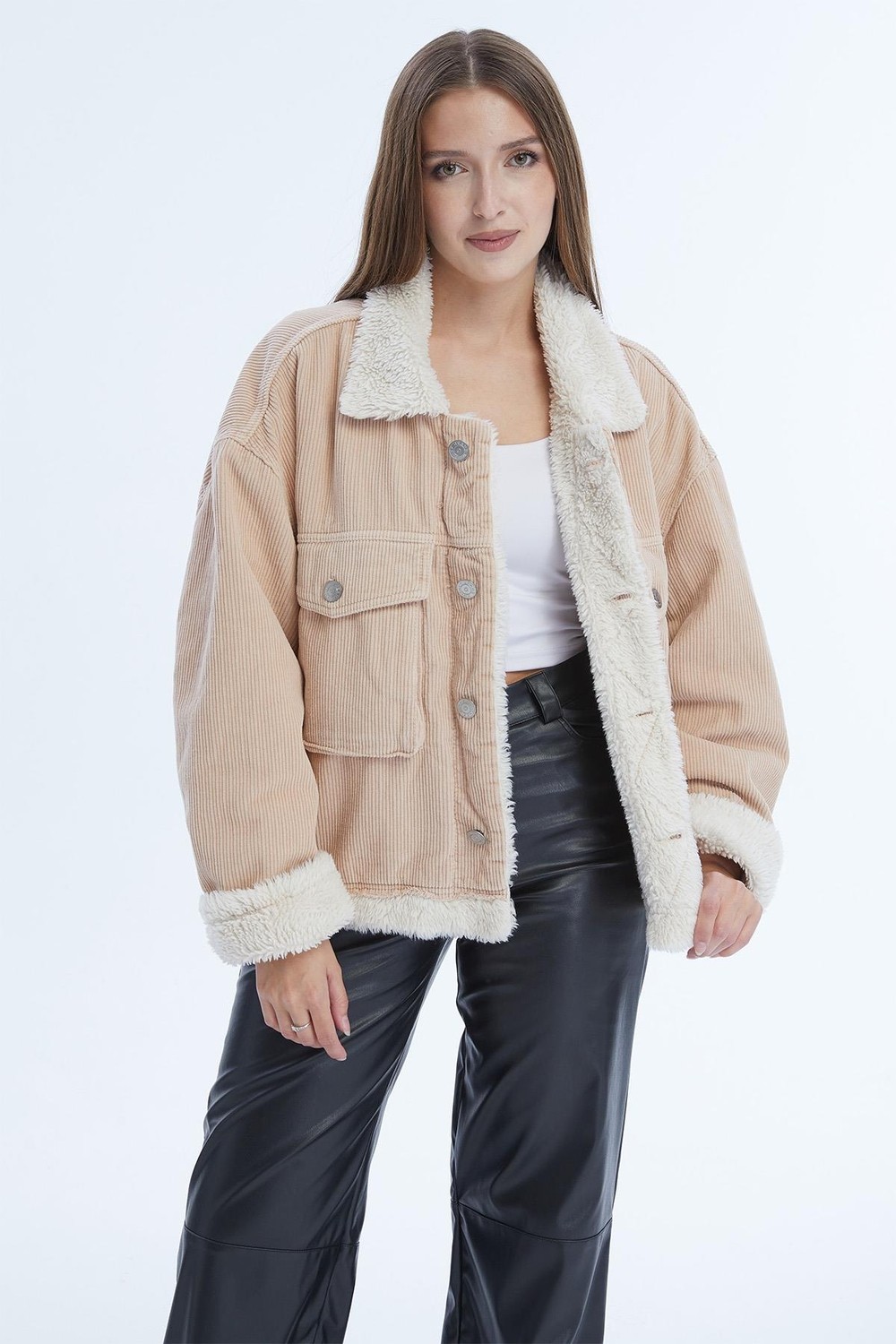 Select Moda Kadın Çift Cepli Içi Kürklü Fitilli Mont görsel 2