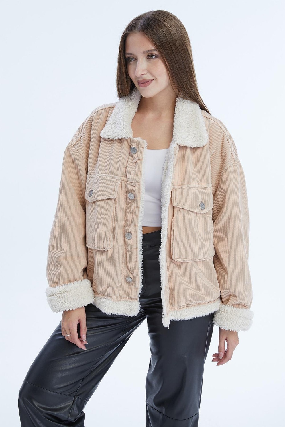 Select Moda Kadın Çift Cepli Içi Kürklü Fitilli Mont görsel 3