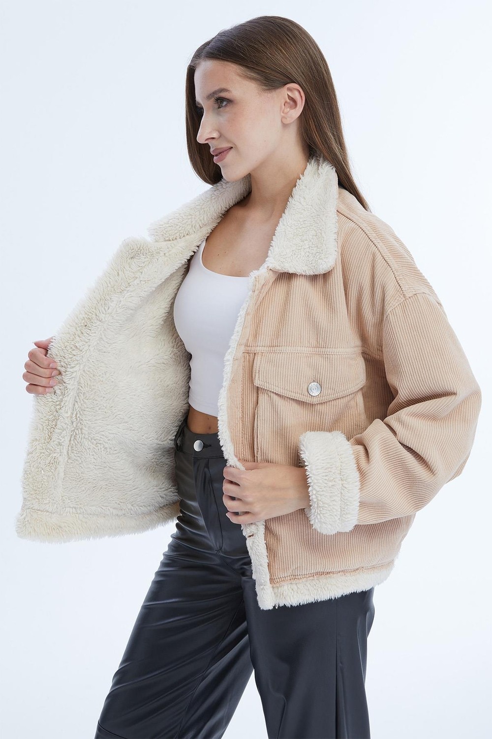 Select Moda Kadın Çift Cepli Içi Kürklü Fitilli Mont görsel 4