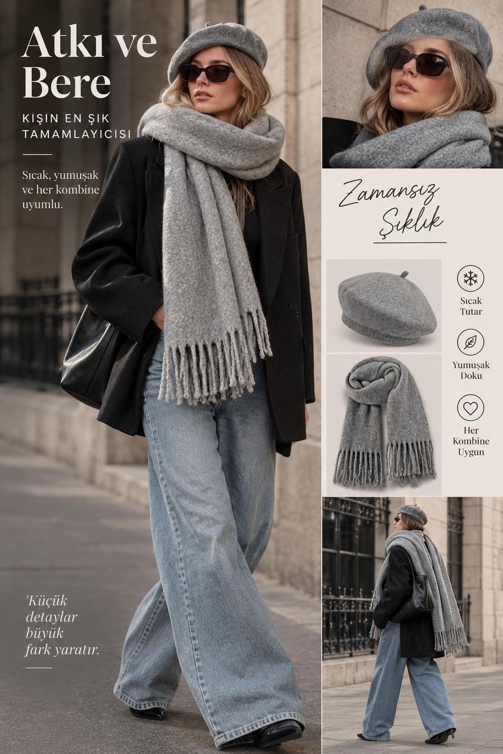 Wearflawless Kadın 2'li Takım Atkı ve Ressam Beresi Seti, Kışlık Hediye, Sevgililer Günü Hediyesi