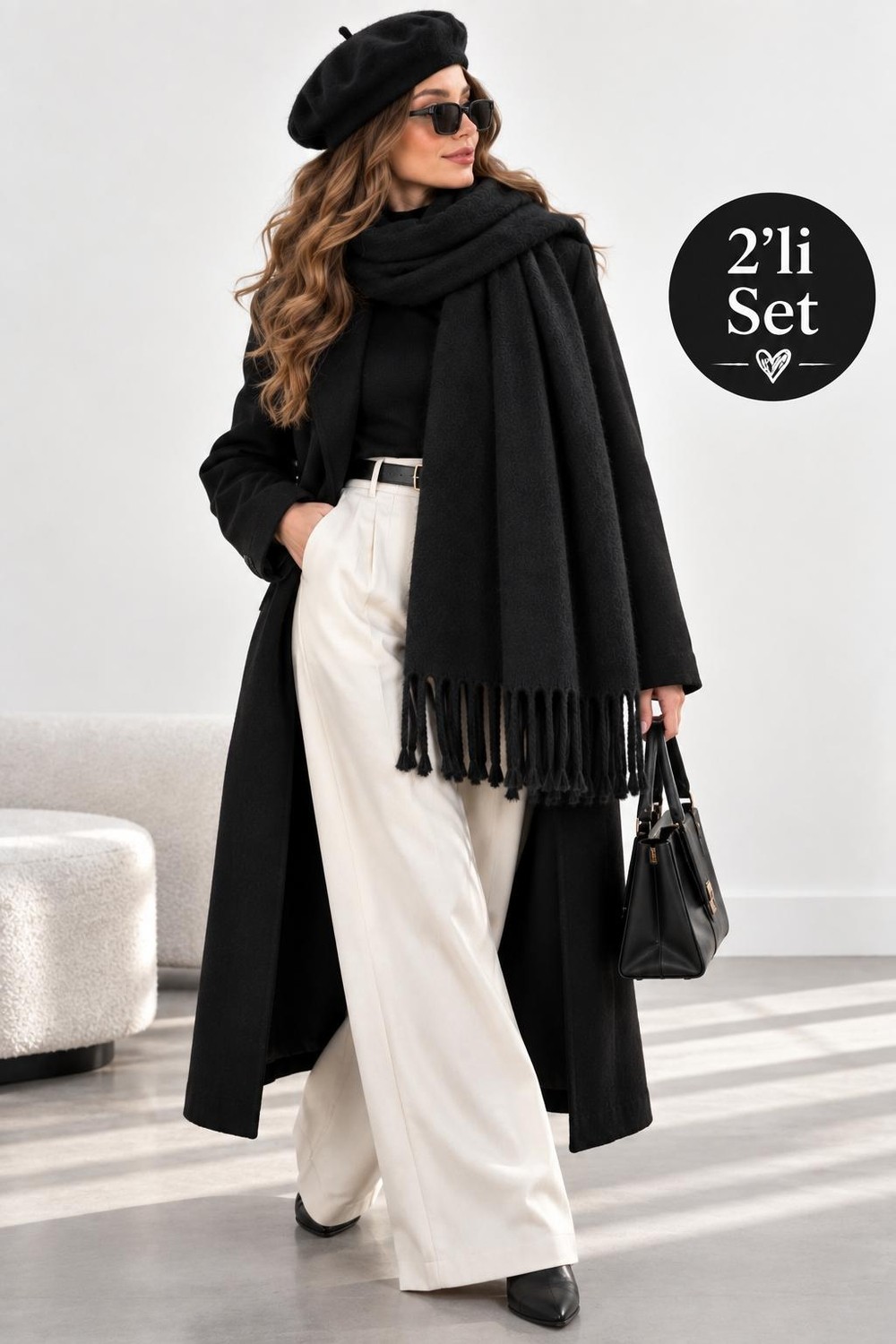 Wearflawless Kadın 2'li Takım Atkı ve Ressam Beresi Seti, Kışlık Hediye, Sevgililer Günü Hediyesi