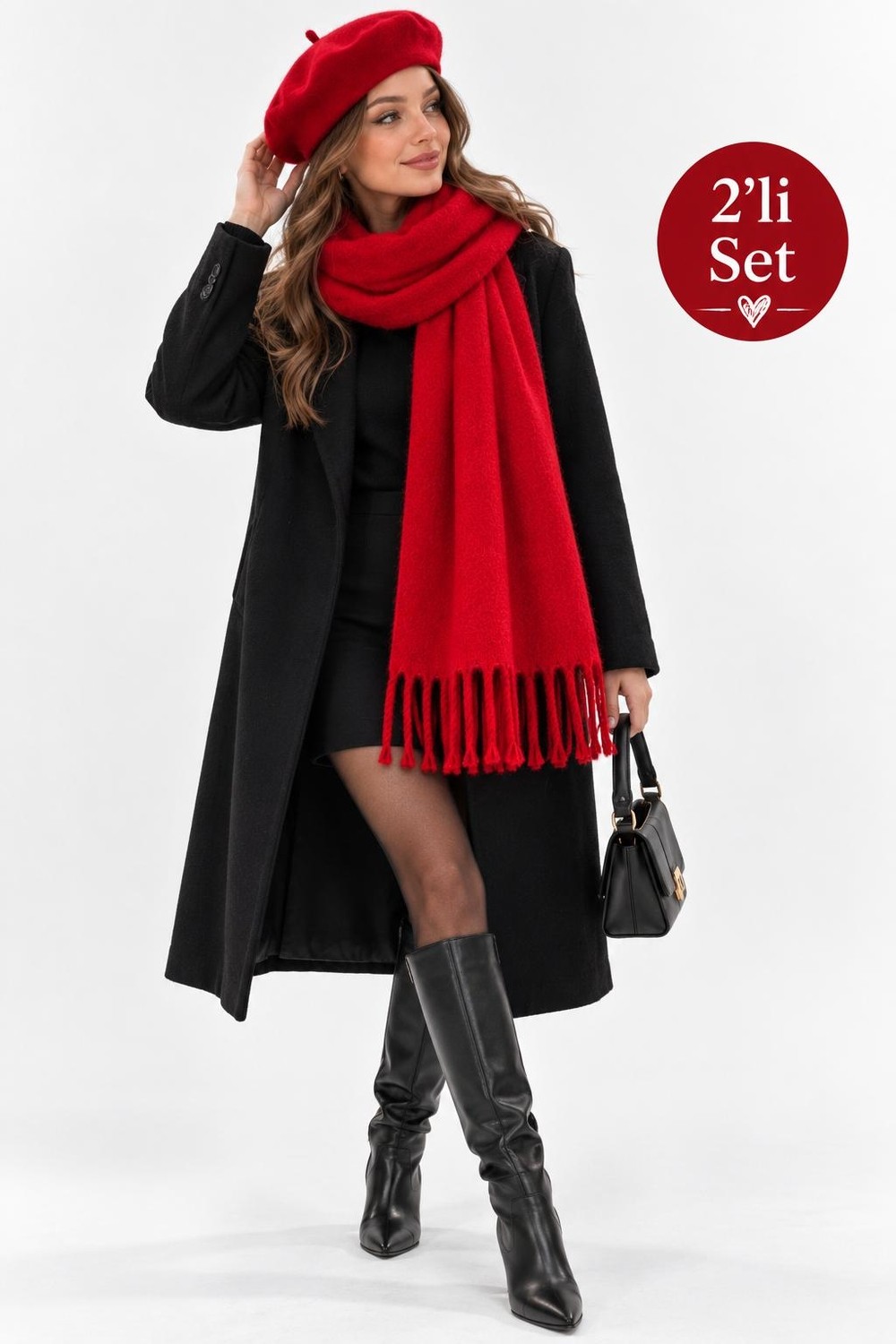 Wearflawless Kadın 2'li Takım Atkı ve Ressam Beresi Seti, Kışlık Hediye, Sevgililer Günü Hediyesi